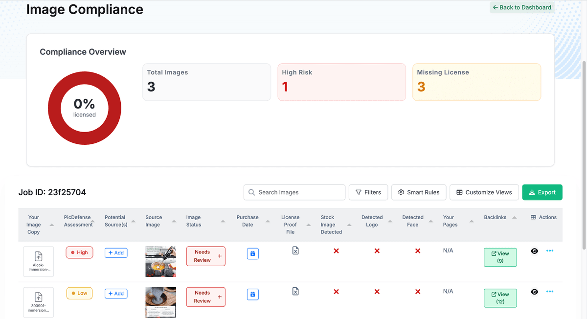 PicDefense Proof Vault step 3: Confirmed license proof attached with compliance status updated to verified