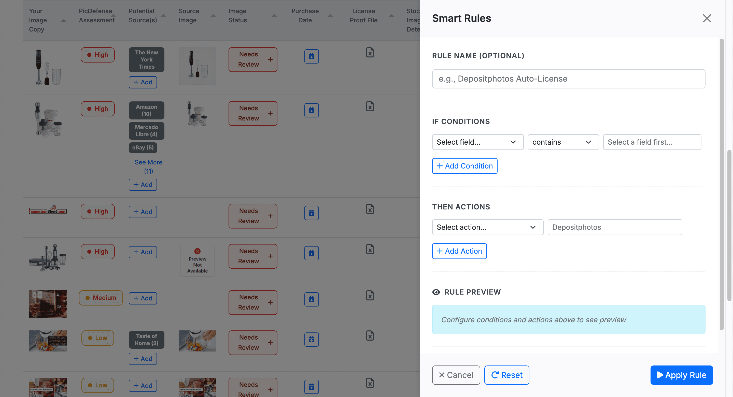 PicDefense site monitoring alert configuration showing notification settings for newly detected unverified images requiring compliance review