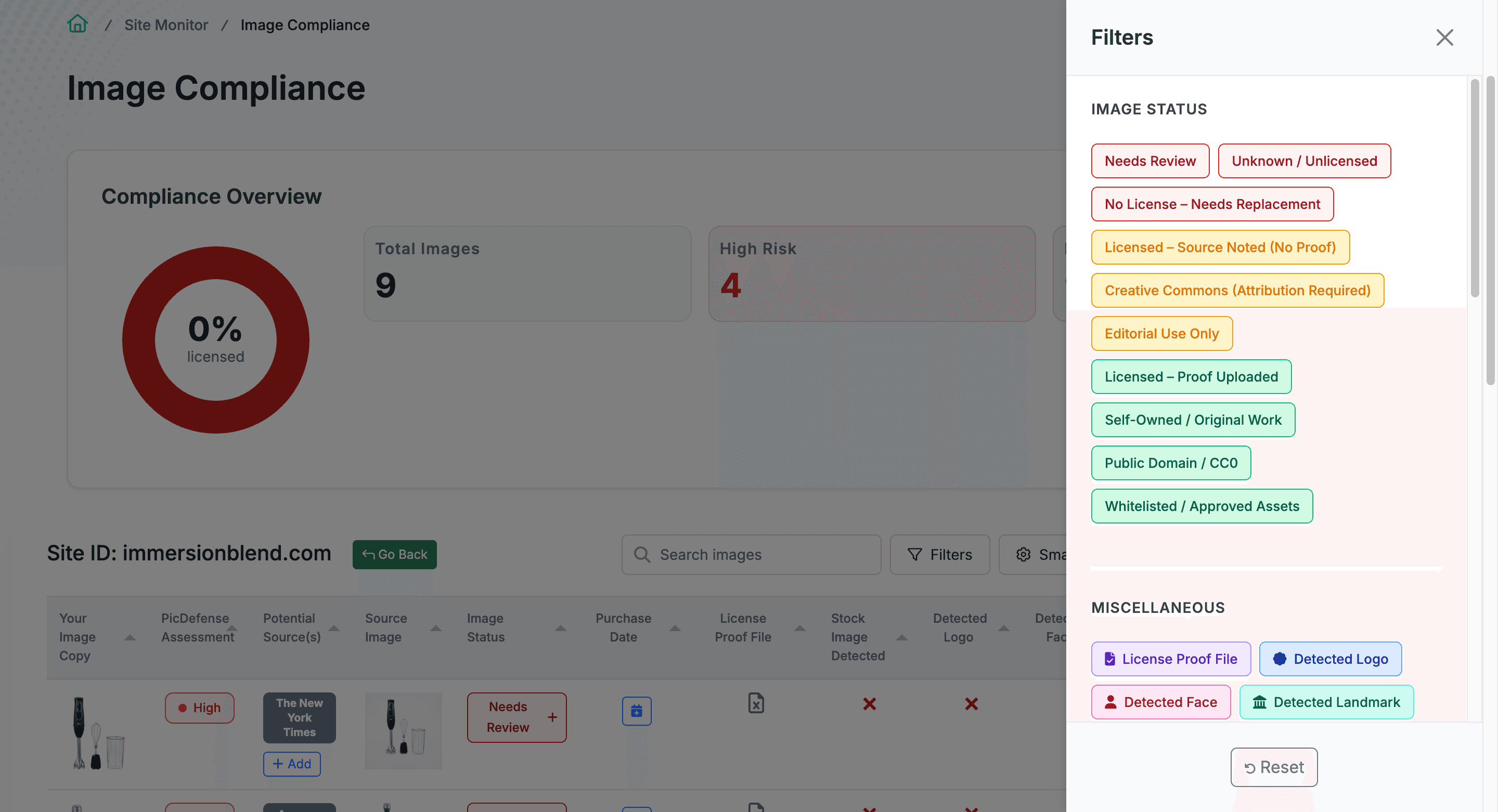 PicDefense site monitoring dashboard showing weekly automated scan schedule, site compliance status, and monitoring configuration for continuous image compliance