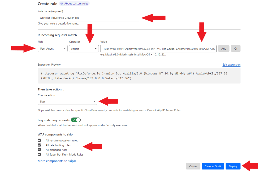 Create Cloudflare Whitelist Rule for PicDefense Cloudflare create firewall rule form for whitelisting PicDefense crawler user agent