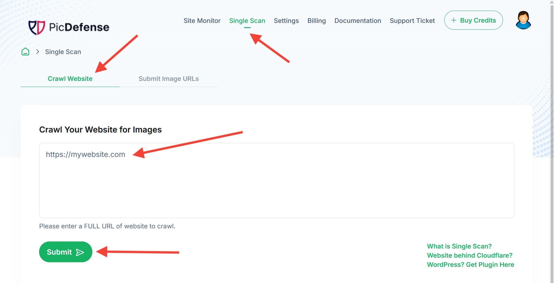 Submit Website URL for Crawling PicDefense crawl website interface showing URL input for image inventory scan
