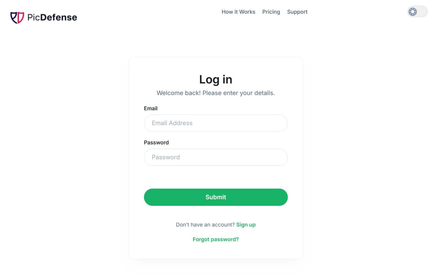 PicDefense Dashboard Login PicDefense dashboard login screen for accessing the image inventory engine