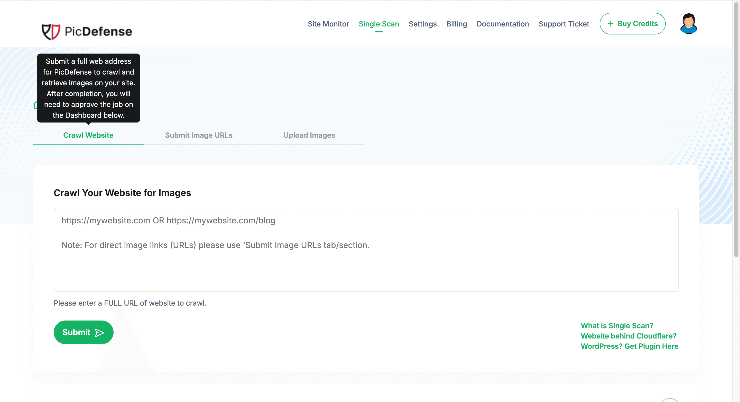 PicDefense Website Image Inventory - Crawl Configuration PicDefense crawl configuration interface showing domain input, crawl depth settings, and subdomain scanning options for comprehensive website image discovery